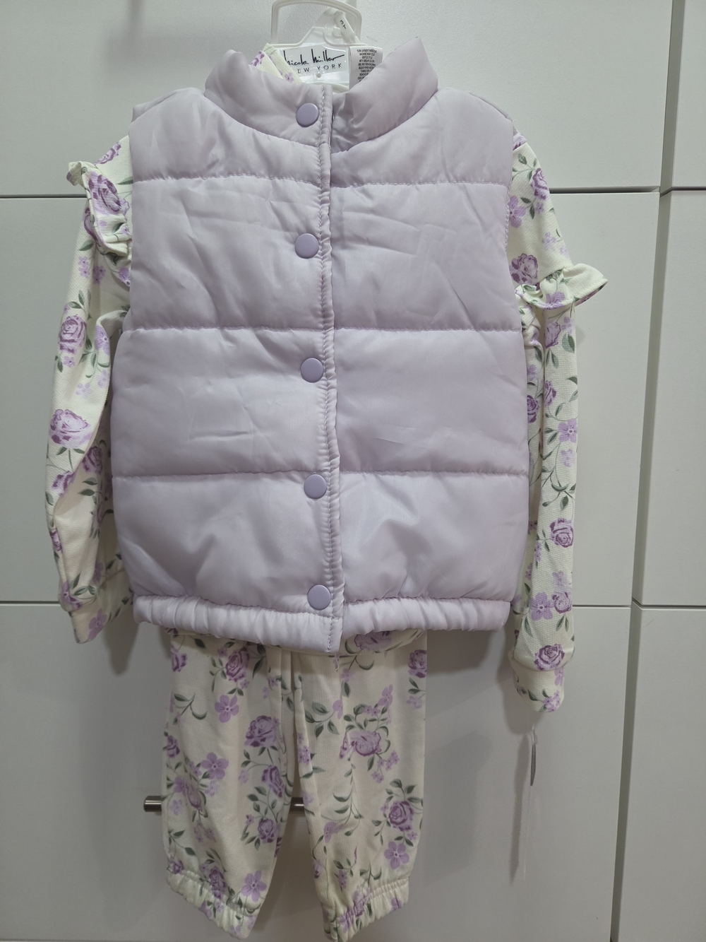 Nicole Miller Lavender Puffer Vest with Floral Hoodie Set